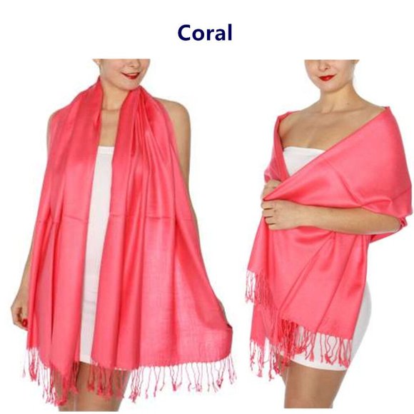 Pashmina Style Wrap Scarf Shawl Cover Fringe Coral Orangey Pink sale 2 for 15 - Picture 1 of 4
